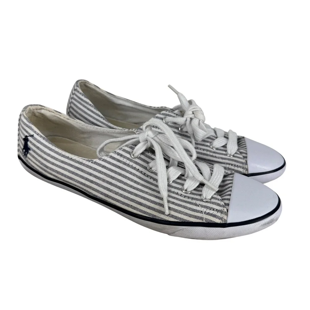 Polo Ralph Lauren Parnell Striped Oxford Cloth Sneakers Blue White‎ 8.5B Preppy